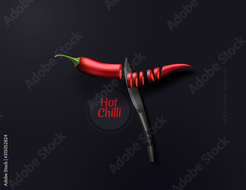 Flying hot red pepper sliced. Conceptual composition with chili red pepper and knife. Modern vector illustration top view.
