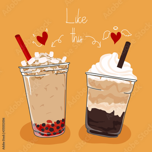 Collection design of bubble tea cup, Pearl milk tea. Vector