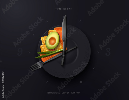 A plate is a watch with a variety of food on it. Meal time. Food Interval. Proper nutrition. Modern vector illustration top view.