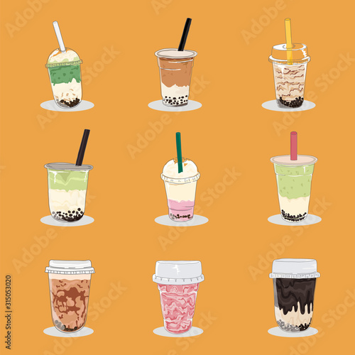 Set of 9 bubble tea cup, Vector
