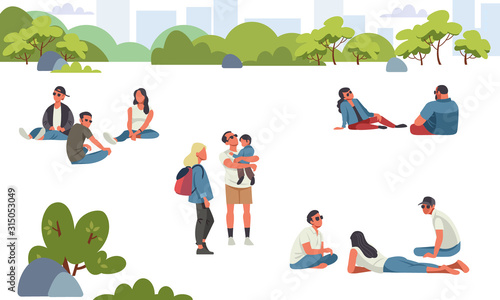 Various people at park performing leisure outdoor activities isolated on white background. Cartoon colorful vector illustration