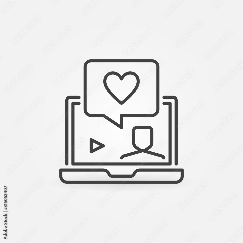 Laptop with Heart in Speech Bubble vector outline concept icon or symbol Laptop with Heart in Speech Bubble vector outline concept icon or symbol