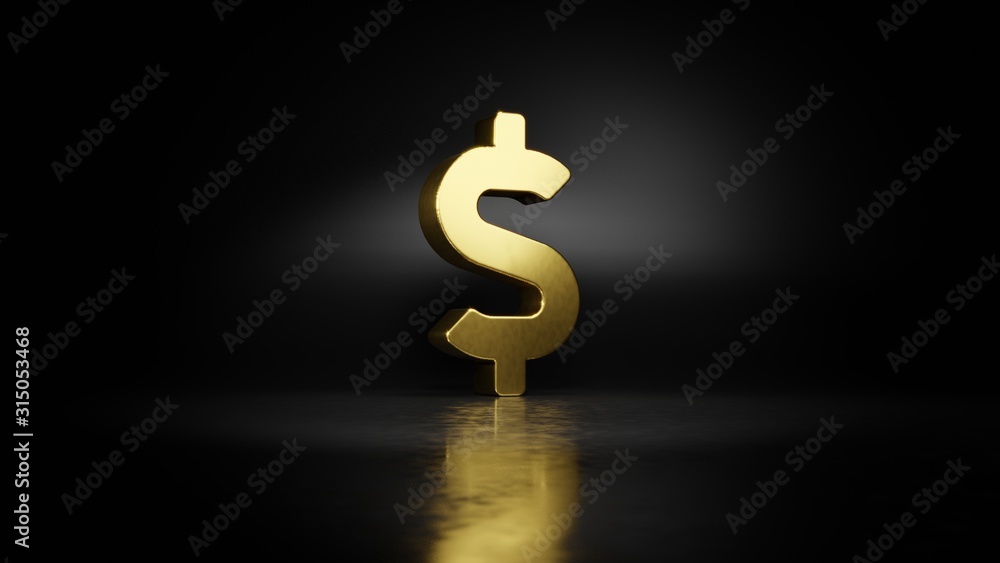 gold metal symbol of dollar sign 3D rendering with blurry reflection on floor with dark background gold metal symbol of dollar sign 3D rendering with blurry reflection on floor with dark background