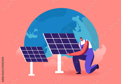 Green Energy, Global Warming and Environment Problems Concept. Man Set Up Solar Panel against Earth Globe. Renewable Power of Sun, Clean Electricity Development Cartoon Flat Vector Illustration