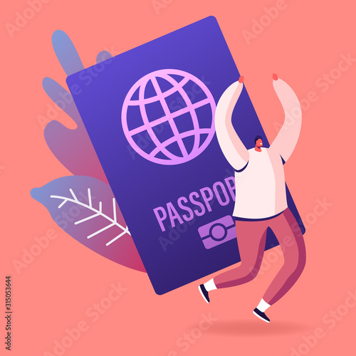 Happy Cheerful Man Rejoice with Hands Up near Huge Foreign or Native Passport. Tourist Getting Visa Permission for Traveling Abroad, Immigrant Get Country Citizenship Cartoon Flat Vector Illustration