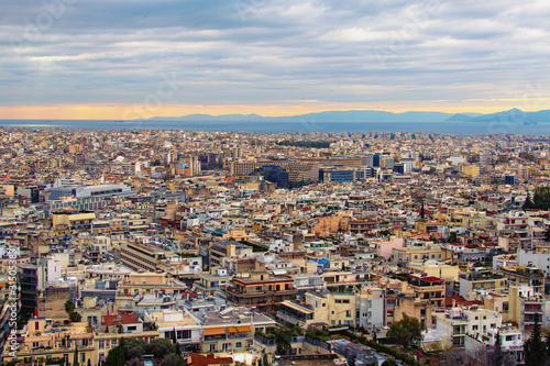 Astonishing aerial view over the city of Athens against cloudy sky. Famous touristic place and travel destination in Europe. Greece