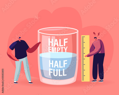 Optimist and Pessimist Concept. Couple of Male Characters Stand at Huge Water Glass Discussing if it is Half Full or Empty Positive and Negative Thinking Life Attitude Cartoon Flat Vector Illustration