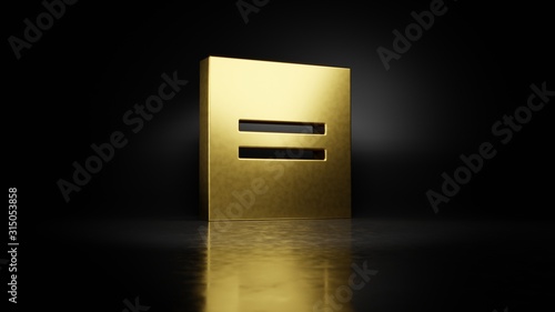 gold metal symbol of equal  3D rendering with blurry reflection on floor with dark background photo