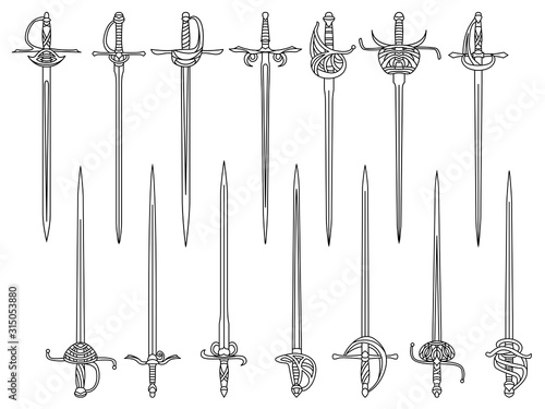 Set of simple monochrome images of epees and rapiers drawn by lines.