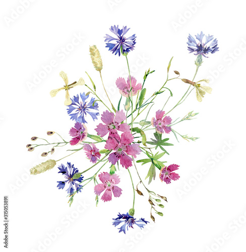 Floral composition of watercolor wild flowers