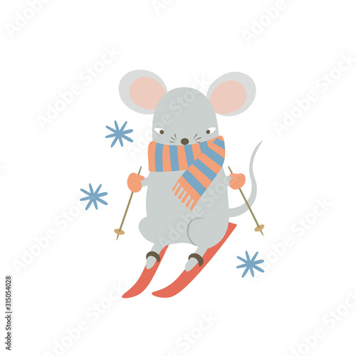 Cute mouse skiing downhill. Funny cartoon rat enjoying winter sport activities. Humanized symbol of 2020 Chinese animal zodiac. Vector isolated  illustration