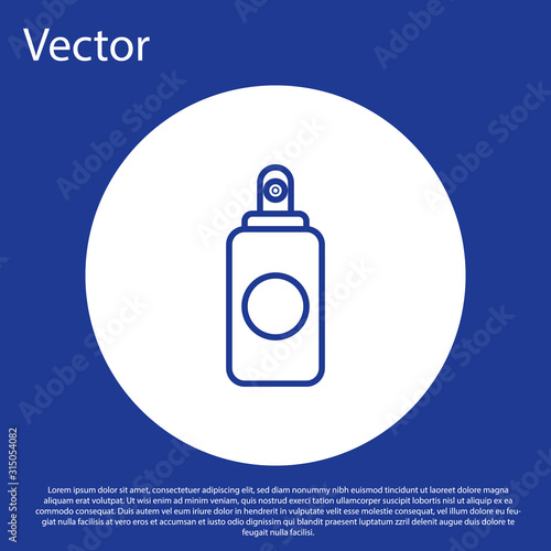 Blue line Spray can for air freshener, hairspray, deodorant, antiperspirant icon isolated on blue background. White circle button. Vector Illustration