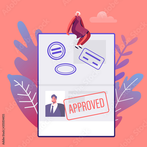 People Travelling Abroad Concept. Happy Young Woman in Summer Hat and Dress Sitting on Huge Open Foreign Passport with Approved Visa Stamp on Page with Male Photo. Cartoon Flat Vector Illustration