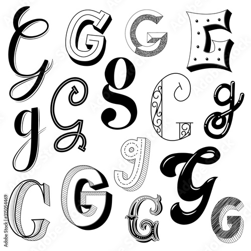 Hand drawn set of different writing styles for letter G