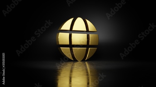gold metal symbol of globe 3D rendering with blurry reflection on floor with dark background © Destrosvet