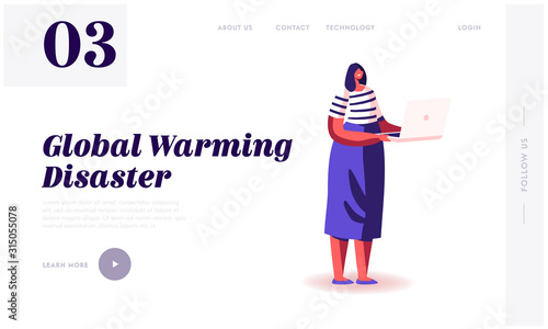 Global Warming and Nature Pollution Problem Website Landing Page. Woman with Laptop Analysing Worldwide Situation and Reading News of Environment Web Page Banner. Cartoon Flat Vector Illustration