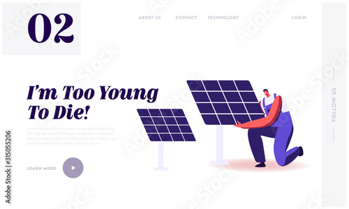 Green Energy, Global Warming and Environment Problems Website Landing Page. Man Set Up Solar Panel. Renewable Sun Power, Clean Electricity Development Web Page Banner. Cartoon Flat Vector Illustration