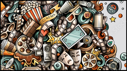 Cinema hand drawn doodle banner. Cartoon detailed flyer.
