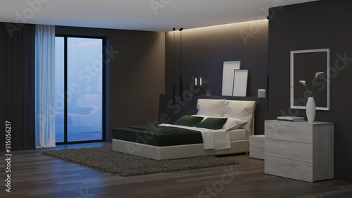 Modern house interior. Bedroom with dark walls and bright furniture. Night. Evening lighting. 3D rendering.