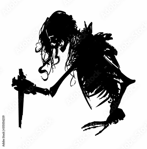 A black silhouette of an eerie skeleton in rags with exposed ribs and spine, long hair sticking out of the skull, rises from the ground, dagger in hand. 2D illustration.