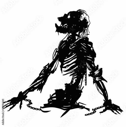 The black silhouette of a creepy skeleton in rags with exposed ribs and spine, long hair sticking out of the skull, rises from the ground. 2D illustration.