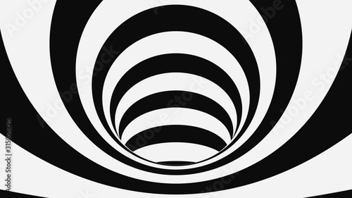 Black and white psychedelic optical illusion. Abstract hypnotic animated background. Spiral geometric looping monochrome wallpaper