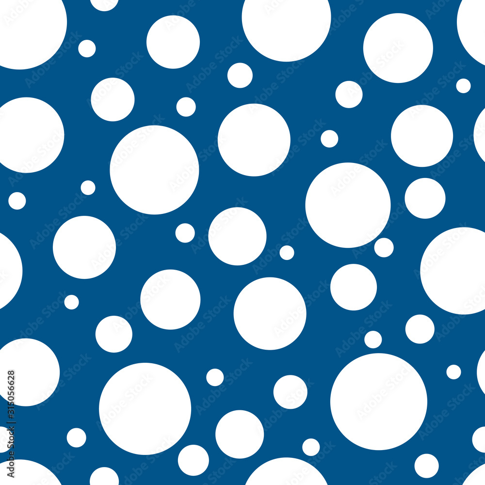 White haotic circles of different sizes on trendy blue background, seamless abstract pattern for fabric and wrapping paper, vector illustration