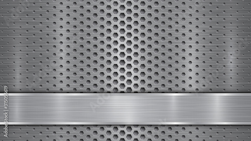 Background in gray colors, consisting of a metallic perforated surface with holes and a polished plate with metal texture, glares and shiny edges