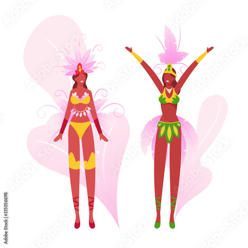 Brazilian Culture  Carnival in Rio De Janeiro. Brazil Samba Dancer Women Wearing Festival Costume with Colorful Feather Peacock Tail Isolated on White Background. Cartoon Flat Vector Illustration