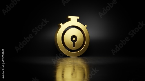 gold metal symbol of chronometer 3D rendering with blurry reflection on floor with dark background