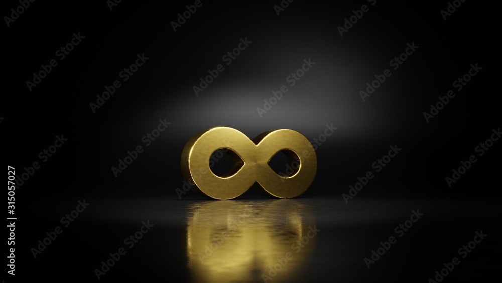 gold metal symbol of infinity 3D rendering with blurry reflection on floor with dark background