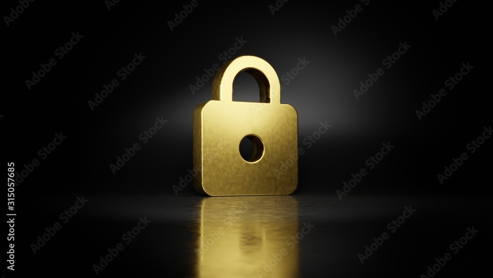 gold metal symbol of locked padlock 3D rendering with blurry reflection ...
