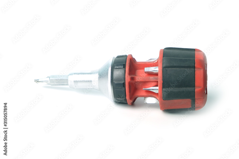 Screwdriver with replaceable nozzles on white background Screwdriver with replaceable nozzles on white background