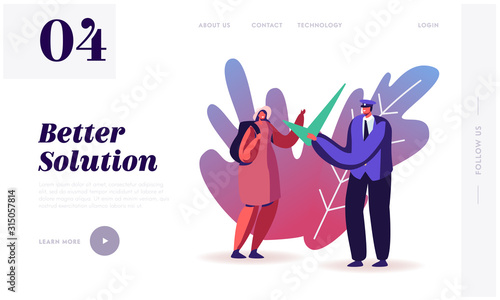 Visa Approval and Traveling Website Landing Page. Passport Control Worker in Uniform Giving Huge Green Check Mark to Woman Tourist with Backpack Web Page Banner. Cartoon Flat Vector Illustration