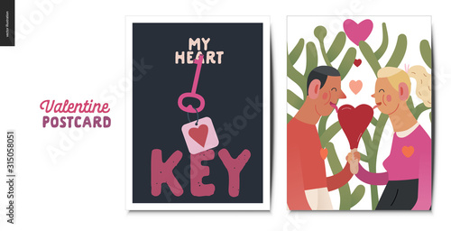 Valentines postcards -Valentines day graphics. Modern flat vector concept illustration - greeting cards - heart key and a young couple in love licking heart shaped ice cream