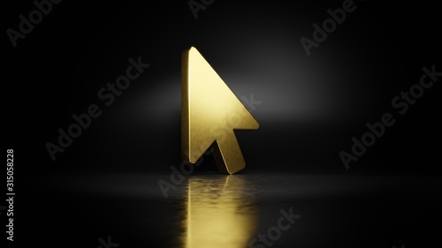 gold metal symbol of mouse pointer 3D rendering with blurry reflection on floor with dark background