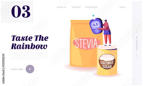 Natural Sweeteners for Diabetic People Website Landing Page. Tiny Woman Stand on Coconut Sugar Box near Stevia Package Holding Blood Glucose Meter Web Page Banner. Cartoon Flat Vector Illustration