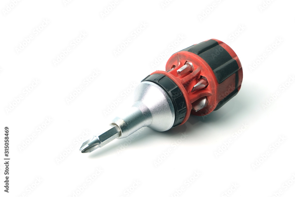 Screwdriver with replaceable nozzles on white background Screwdriver with replaceable nozzles on white background