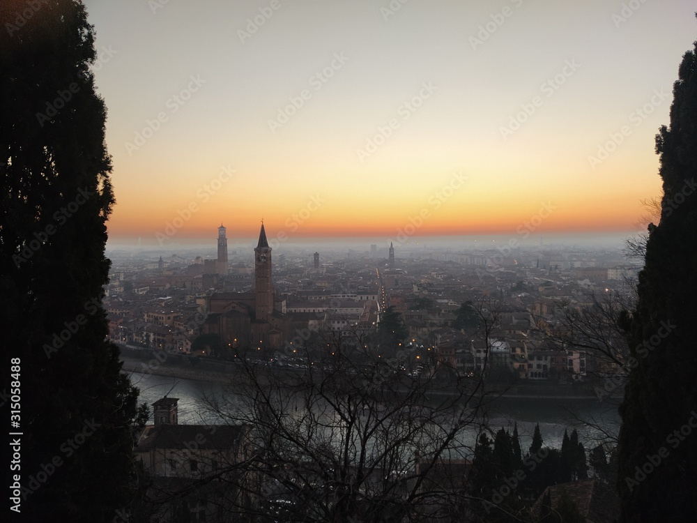 Sunset on Verona town from Castel San Pietro in Italy