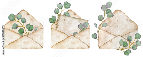 Vintage envelopes with eucalyptus leaves. Watercolor illustration of three brown open envelopes.