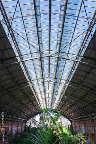 Vertical view of the roof window, in the urban greenhouse of the Atocha train station, Madrid, Spain, Europe