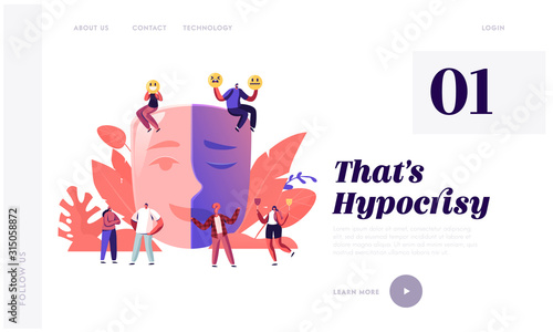 Hypocrisy Website Landing Page. Man and Woman Sitting on Huge Mask Separated on Smiling and Sad Crying Parts. People Lying and Hide Real Emotions Web Page Banner. Cartoon Flat Vector Illustration