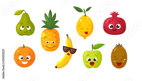 Vector set of cartoon images of various funny isolated fruits on a white background. Emotions, emojis, character.