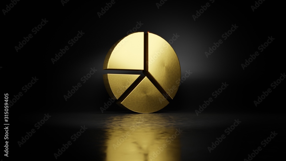gold metal symbol of pie chart  3D rendering with blurry reflection on floor with dark background
