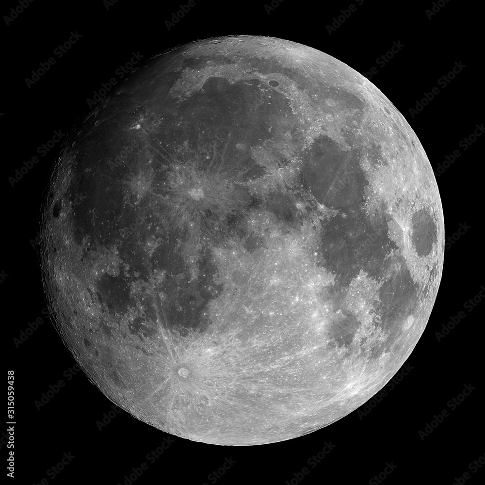 Waxing gibbous Moon phase, isolated in the black space, there are some