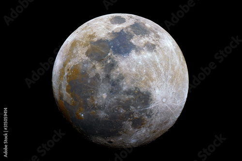Waxing gibbous mineral Moon phase, isolated in the black space, with its natural colors, from red to blue (iron, titanium).