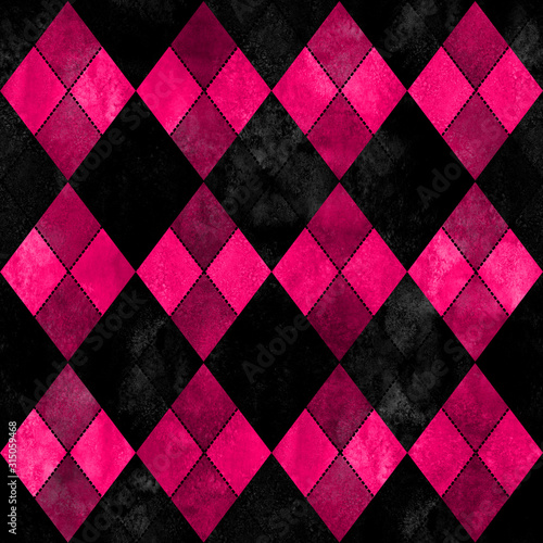 Black and pink argyle seamless plaid pattern. Watercolor hand drawn texture background.