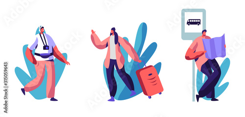 Traveling or Hiking Trip Set. People with Luggage, Photo Camera and Map Traveling Abroad. Travel Agency Service, Exotic Country Summertime Vacation. Active Lifestyle. Cartoon Vector Illustration