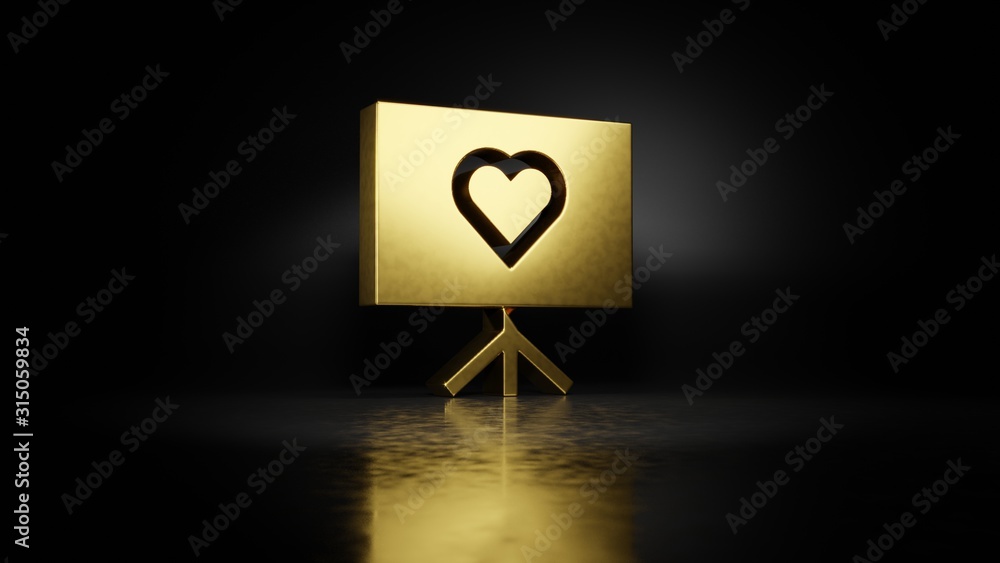 gold metal symbol of presentation 3D rendering with blurry reflection on floor with dark background gold metal symbol of presentation 3D rendering with blurry reflection on floor with dark background