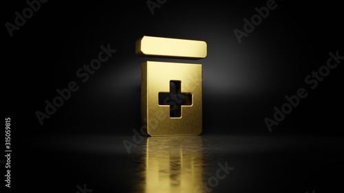 gold metal symbol of prescription bottle  3D rendering with blurry reflection on floor with dark background © Destrosvet